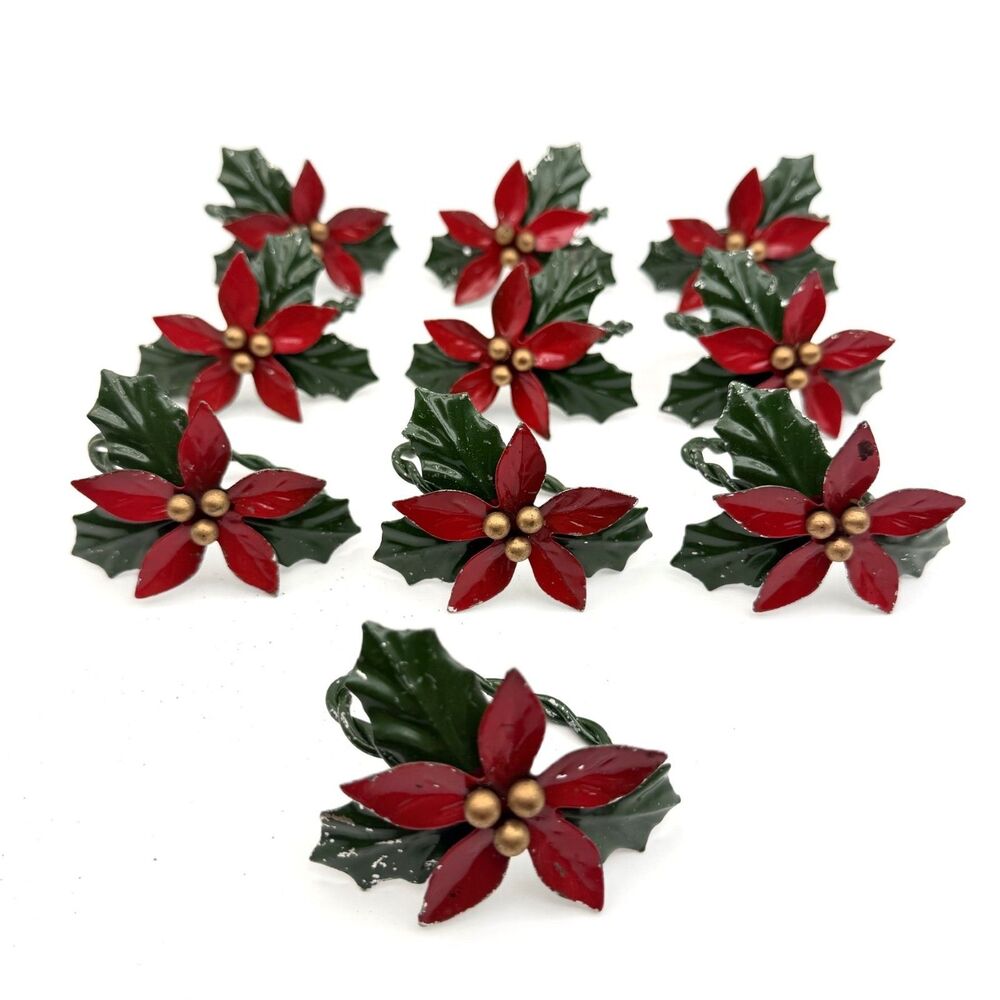 Vintage Poinsettia Napkin Rings Lot Of 10 Metal Art Gold Balls Paint Worn
